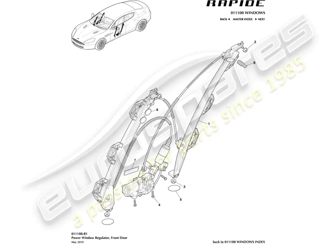 aston martin rapide (2010) regulador de ventana delantera diagrama de piezas