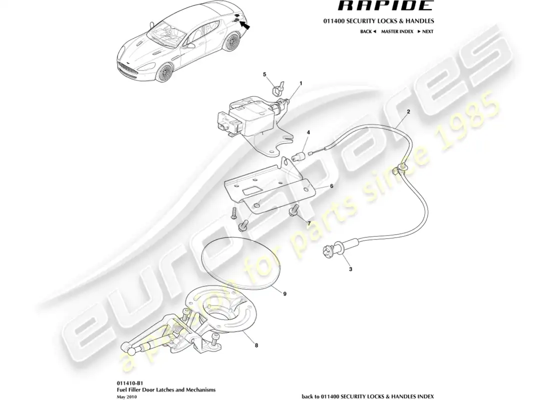 aston martin rapide (2011) diagrama de piezas del mecanismo de llenado de combustible