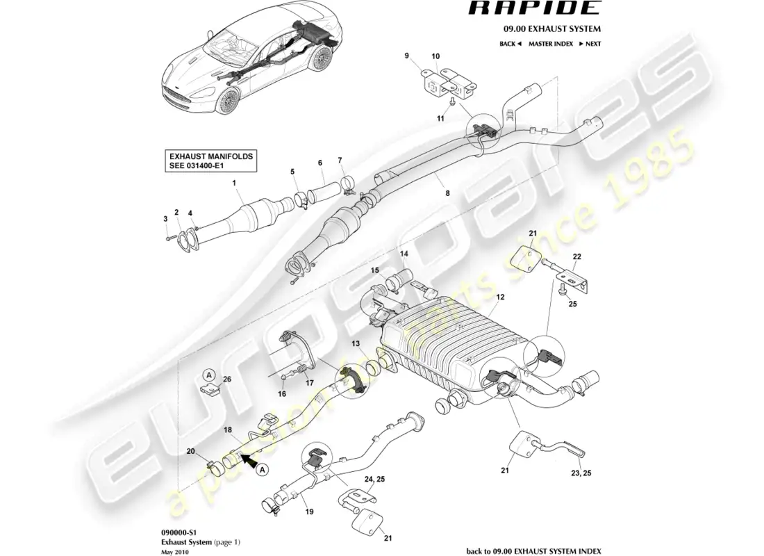 aston martin rapide (2010) sistema de escape diagrama de piezas