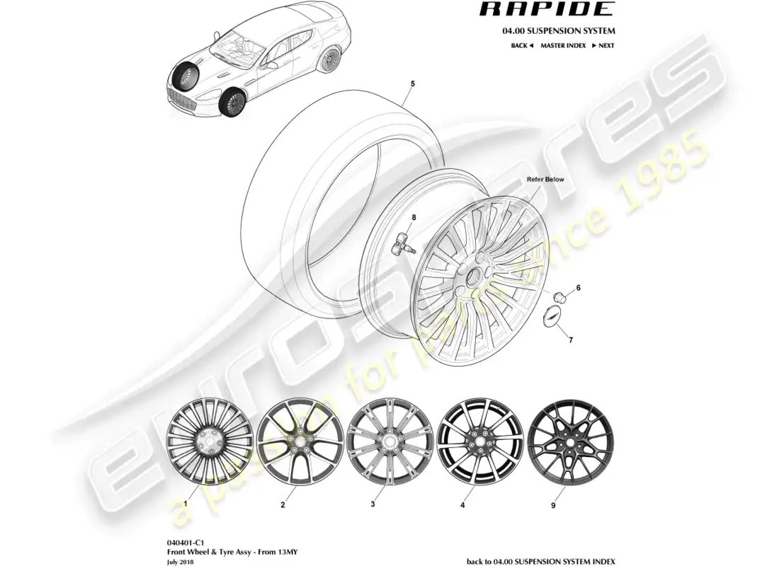 aston martin rapide (2016) ruedas y neumáticos delanteros de 13my diagrama de piezas