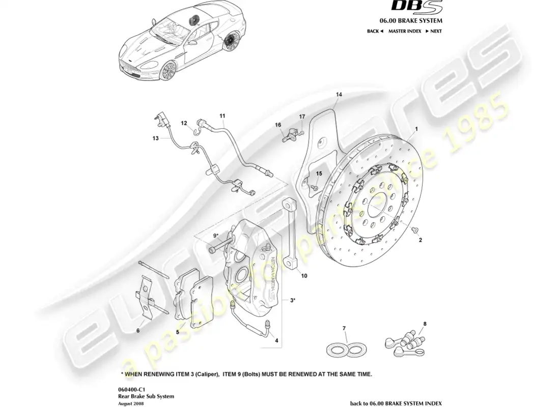 aston martin dbs (2011) sistema de freno trasero diagrama de piezas