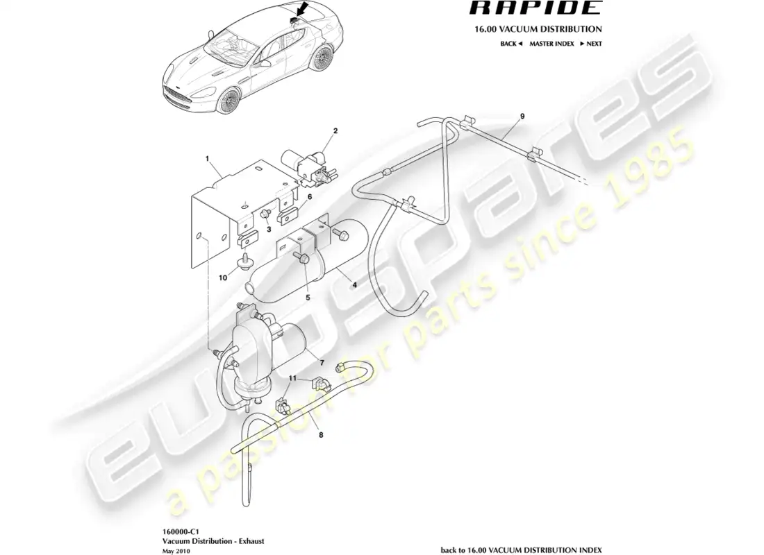 aston martin rapide (2010) distribución de vacío, diagrama de piezas de escape
