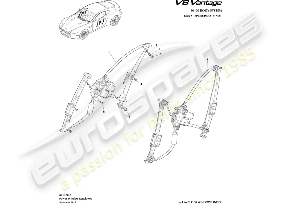 aston martin v8 vantage (2008) diagrama de piezas de los reguladores de ventanas de puertas