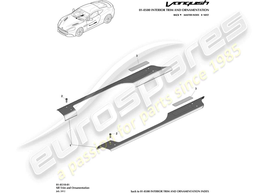 aston martin vanquish (2015) adornos y ornamentación del alféizar diagrama de piezas