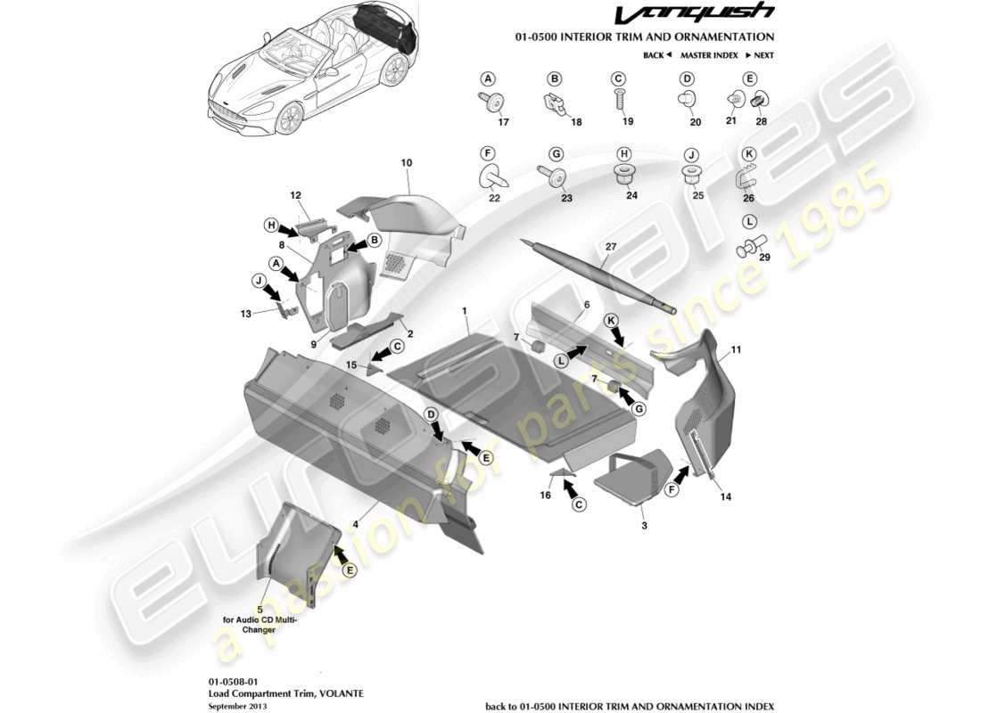 aston martin vanquish (2017) embellecedor del compartimento de carga, volante diagrama de piezas