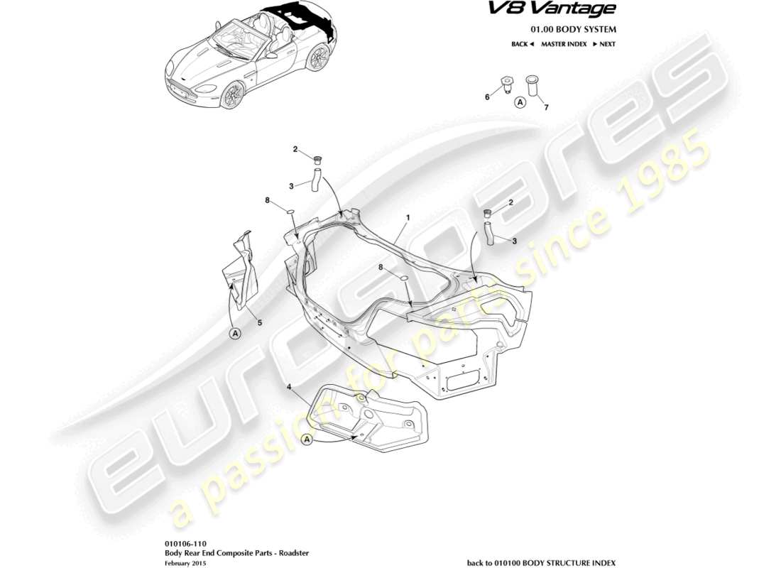 aston martin v8 vantage (2006) diagrama de piezas del roadster, compuesto del extremo trasero de la carrocería