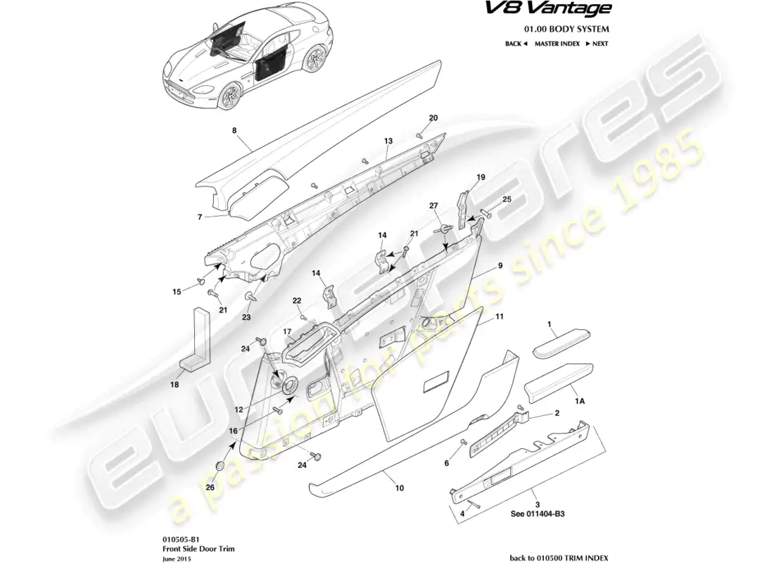aston martin v8 vantage (2008) diagrama de piezas de molduras de puertas