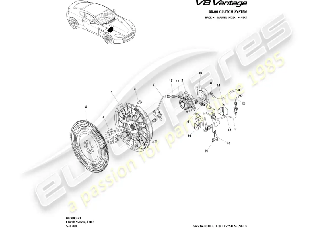 aston martin v8 vantage (2008) sistema de embrague, diagrama de piezas lhd