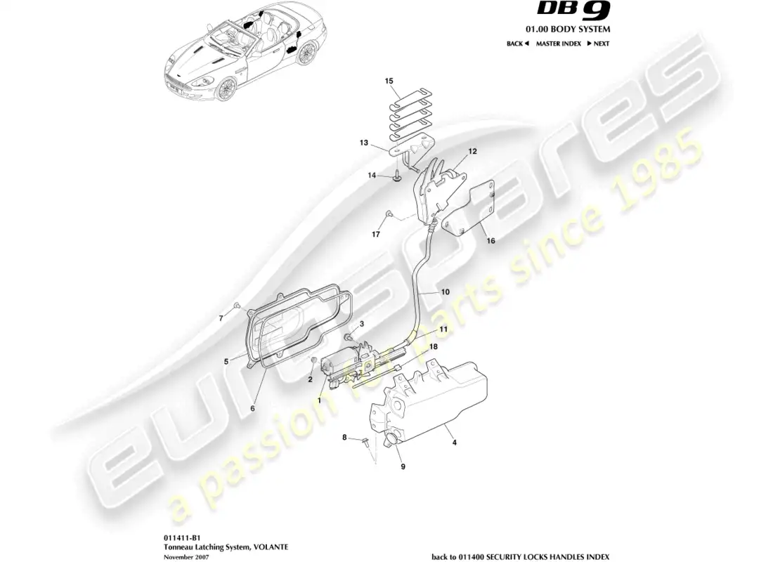 aston martin db9 (2006) sistema de cierre de lona diagrama de piezas