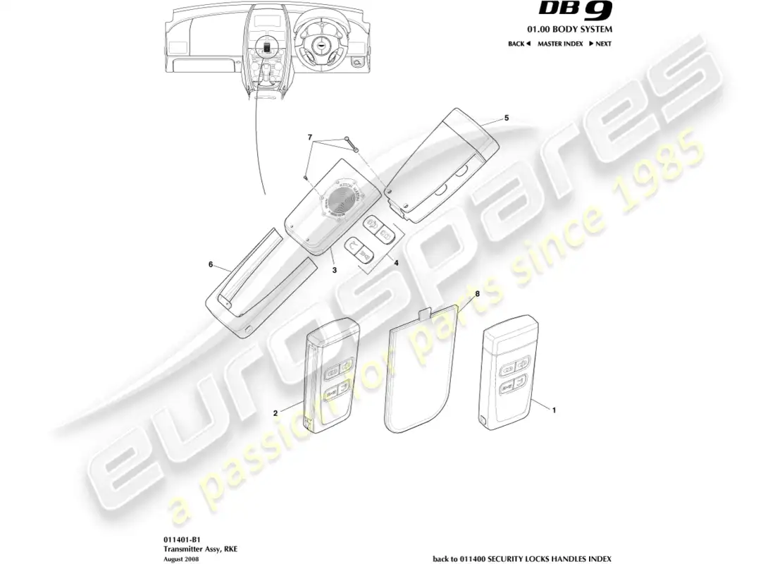aston martin db9 (2006) transmisor, rke diagrama de piezas
