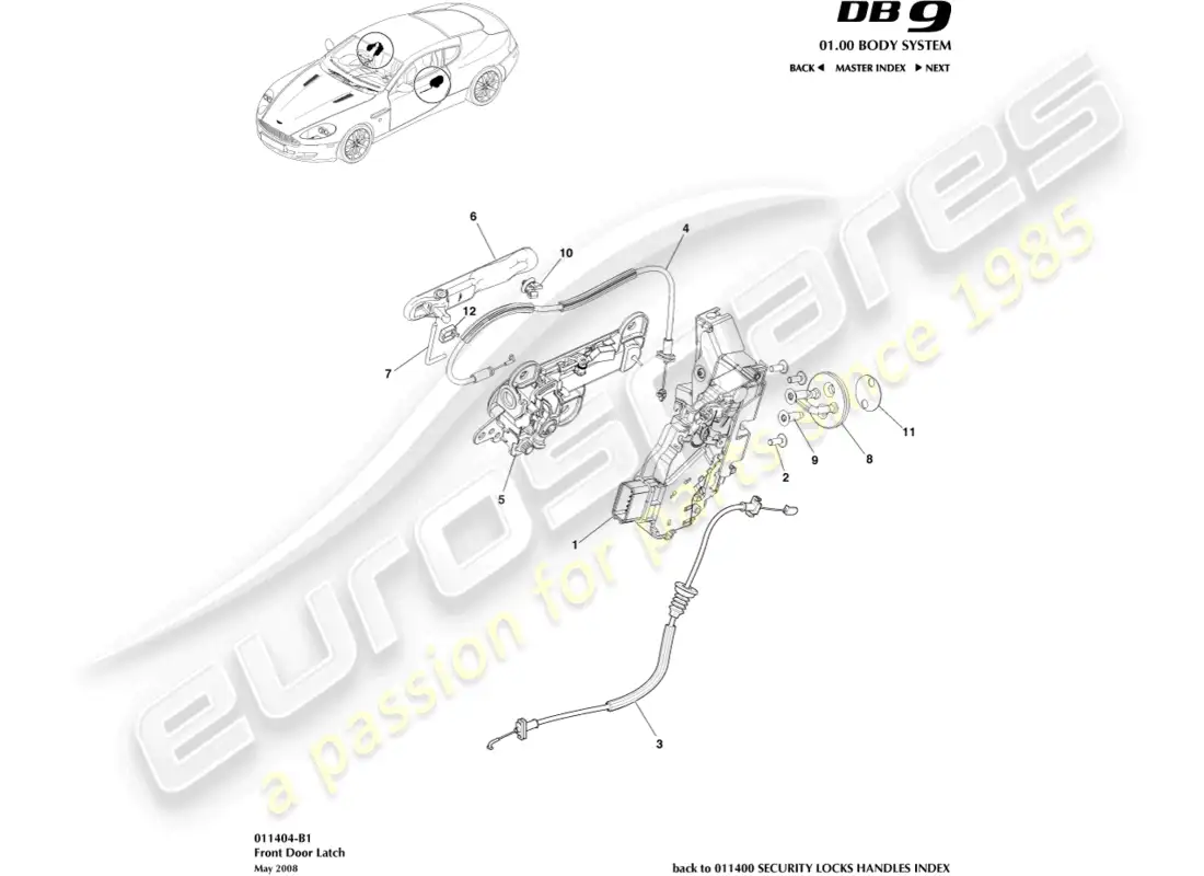aston martin db9 (2006) pestillo de la puerta delantera diagrama de piezas