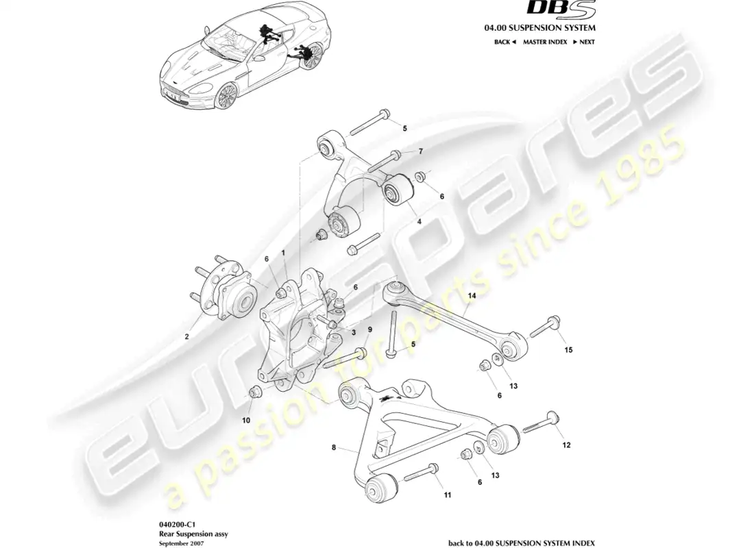 aston martin dbs (2011) conjunto de suspensión trasera diagrama de piezas