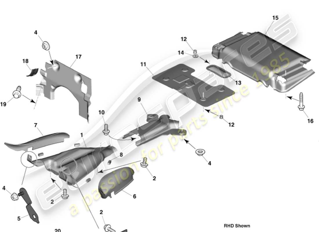 aston martin vanquish (2015) aislamiento térmico, diagrama de piezas de ajuste del vehículo