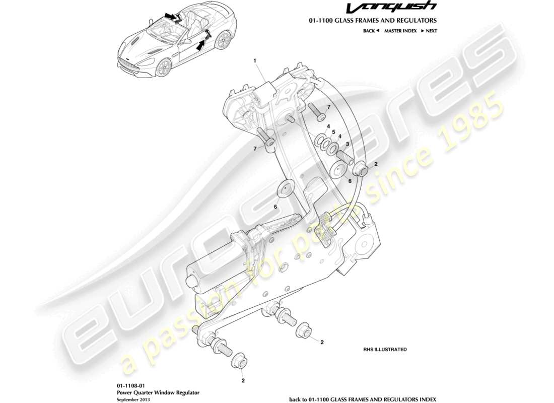 aston martin vanquish (2015) elevalunas del cuarto trasero, volante diagrama de piezas