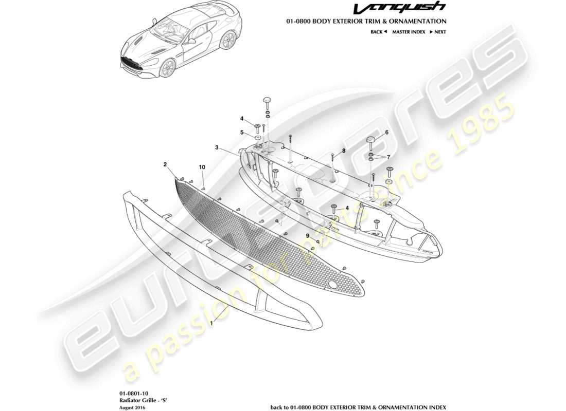 aston martin vanquish (2015) parrilla del radiador, diagrama de piezas s