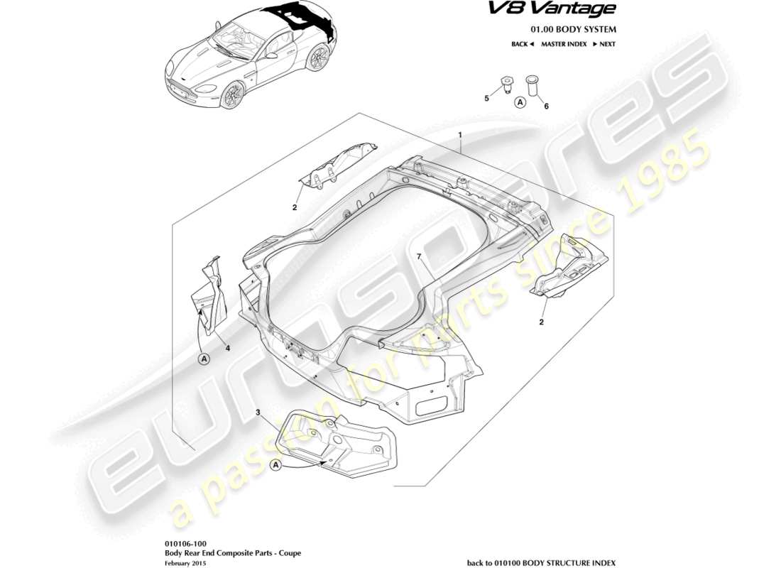 aston martin v8 vantage (2018) parte trasera de la carrocería compuesta, diagrama de piezas del cupé