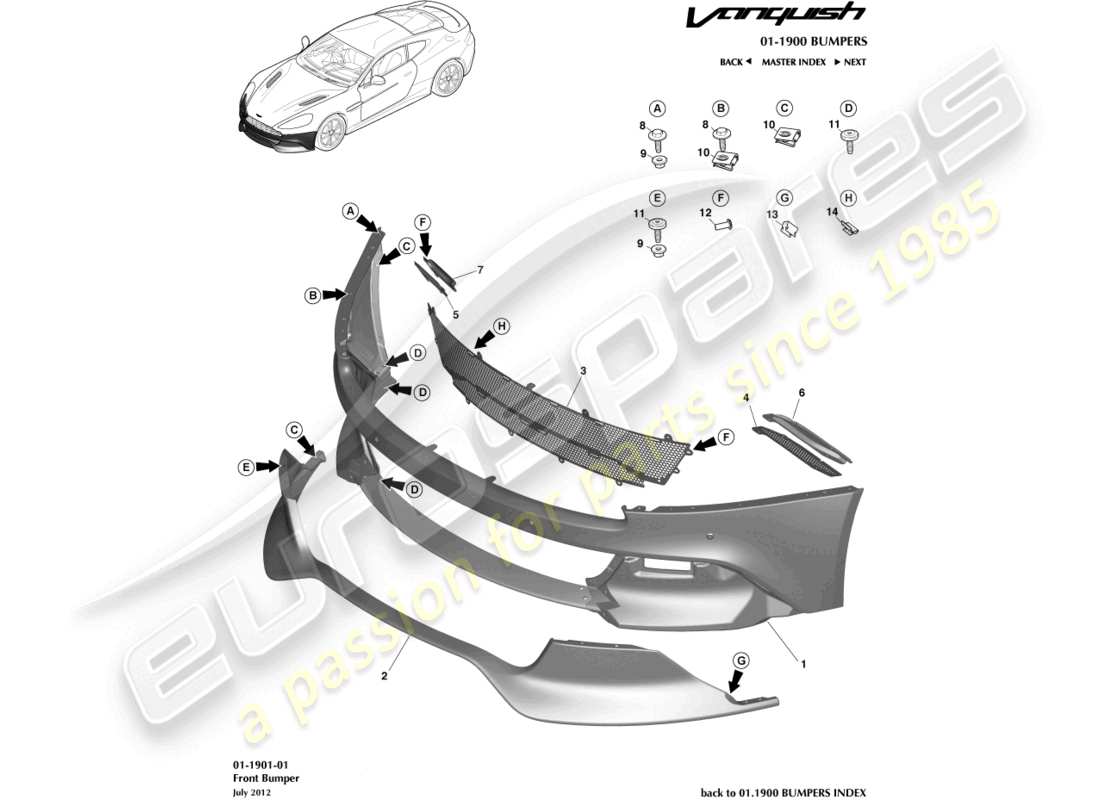 aston martin vanquish (2015) parachoques delantero diagrama de piezas