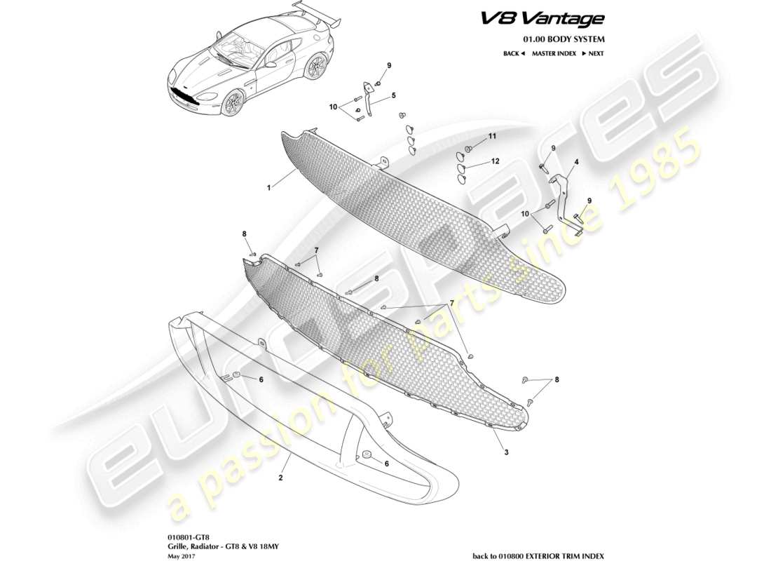 aston martin v8 vantage (2010) parrilla del radiador, diagrama de piezas gt8 y v8 18my
