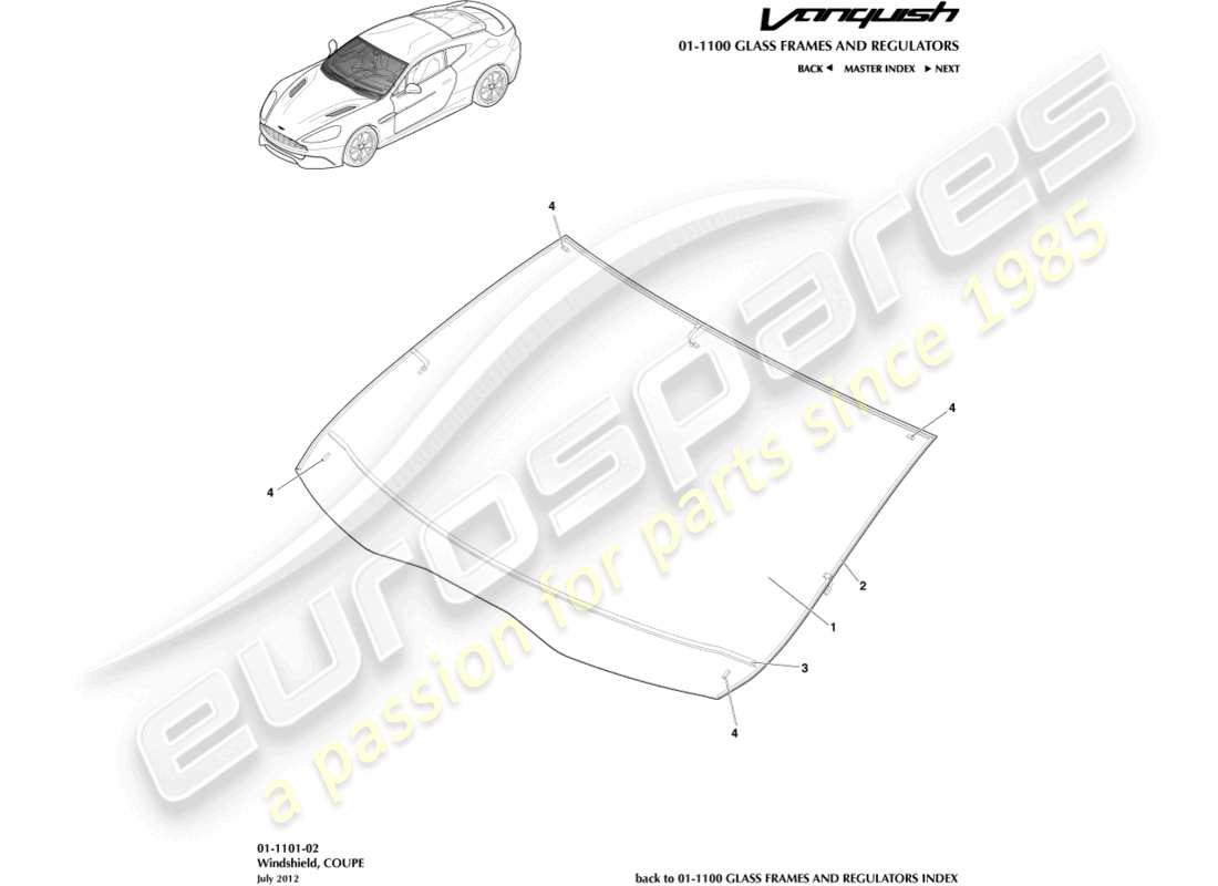 aston martin vanquish (2015) diagrama de piezas del parabrisas y cupé