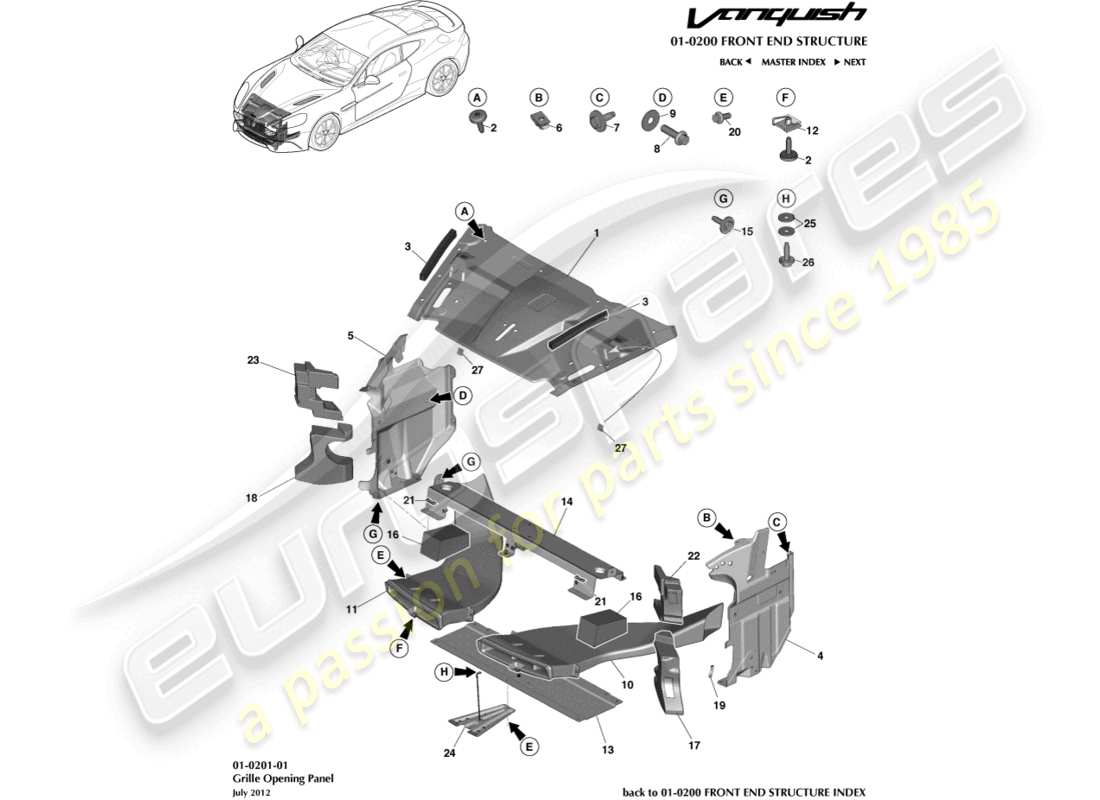 aston martin vanquish (2015) diagrama de piezas del panel de apertura de la parrilla