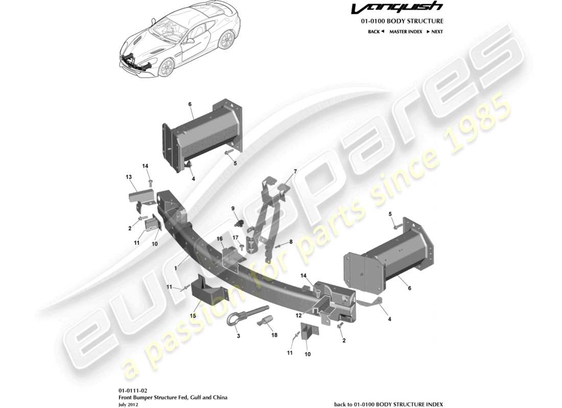 aston martin vanquish (2015) estructura del parachoques delantero, federal diagrama de piezas