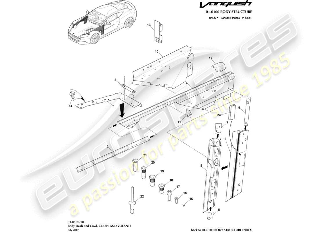 aston martin vanquish (2015) estructura de carrocería, delantera diagrama de piezas