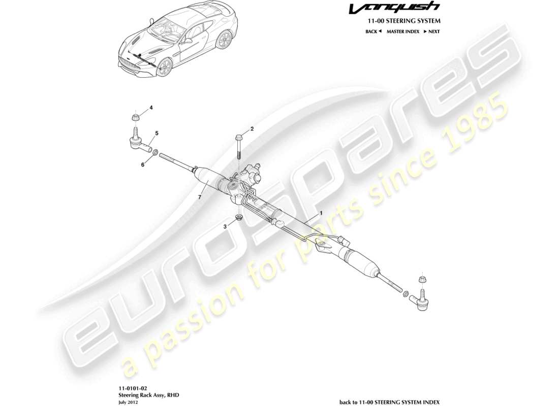 aston martin vanquish (2015) cremallera de dirección, lado derecho diagrama de piezas