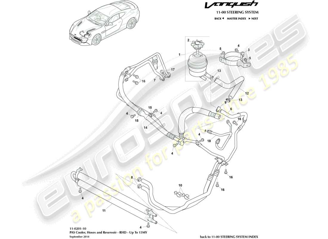 aston martin vanquish (2015) mangueras pas, derecha a 15my diagrama de piezas
