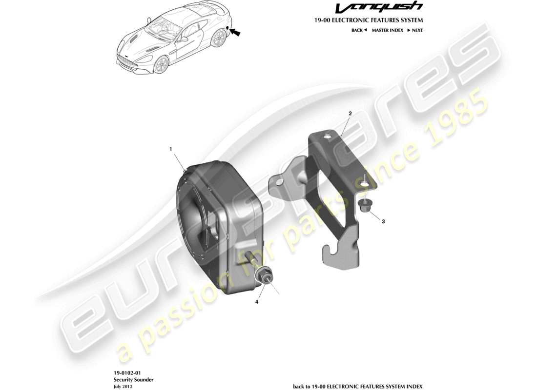 aston martin vanquish (2016) bocinas y sirenas de alarma diagrama de piezas