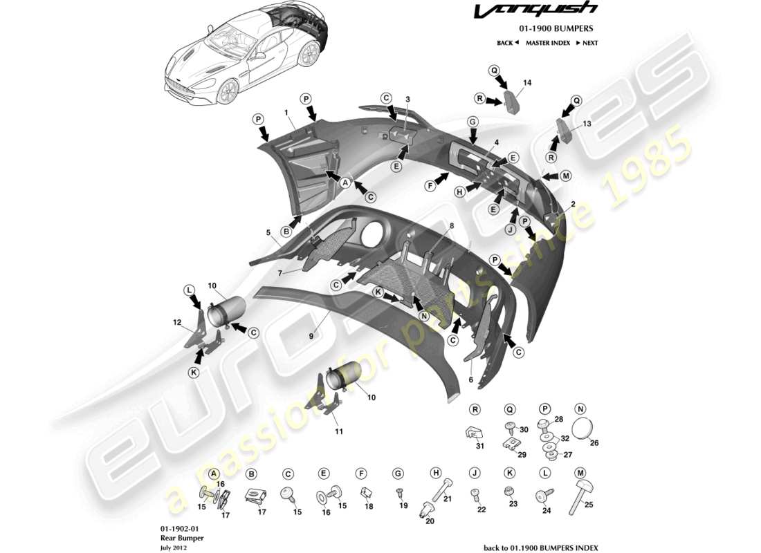 aston martin vanquish (2017) parachoques trasero diagrama de piezas