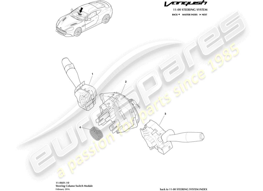 aston martin vanquish (2018) conjunto de interruptor de columna diagrama de piezas