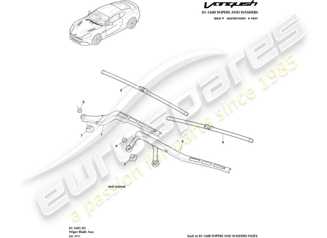 aston martin vanquish (2017) conjunto de escobilla de limpiaparabrisas diagrama de piezas