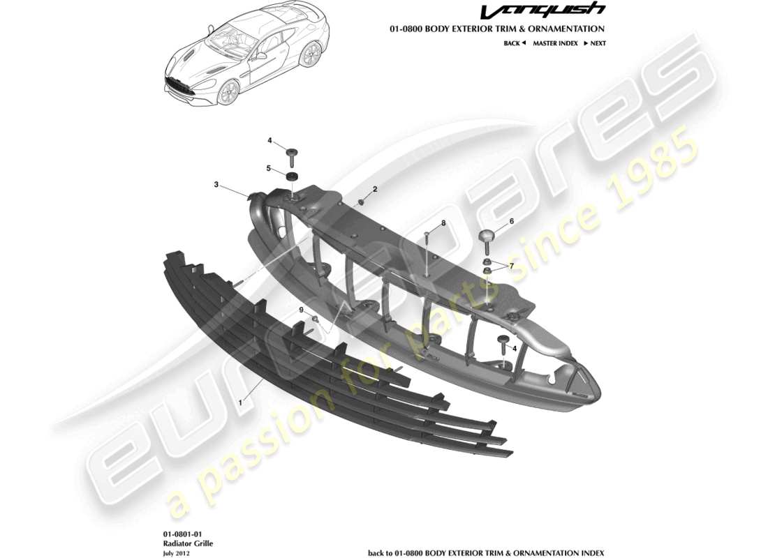 aston martin vanquish (2018) rejilla del radiador diagrama de piezas