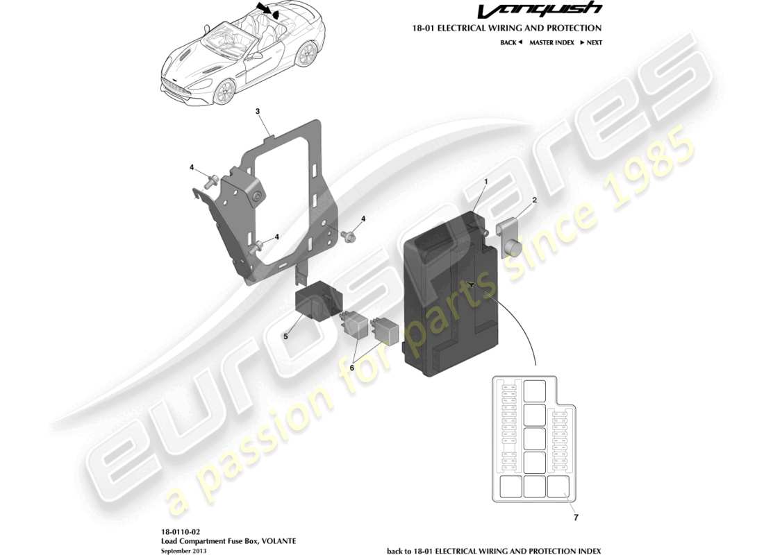 aston martin vanquish (2017) diagrama de piezas de la caja de fusibles del compartimento de carga