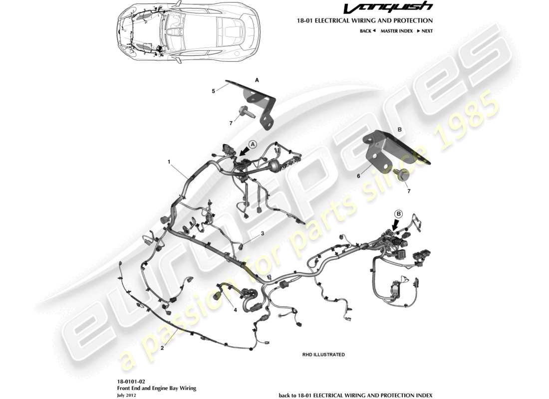 aston martin vanquish (2017) diagrama de piezas del arnés del compartimento delantero y del motor