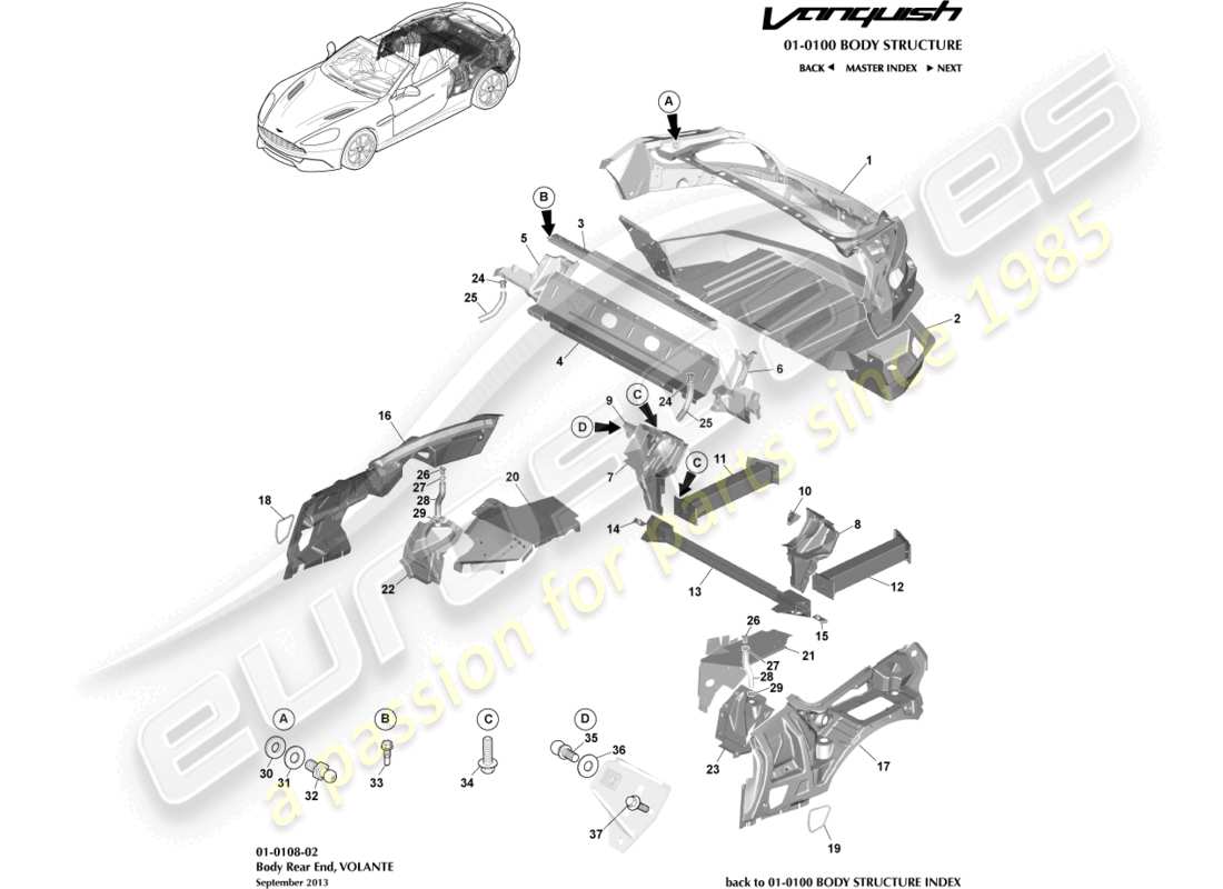 aston martin vanquish (2017) parte trasera de la carrocería, diagrama de piezas del volante