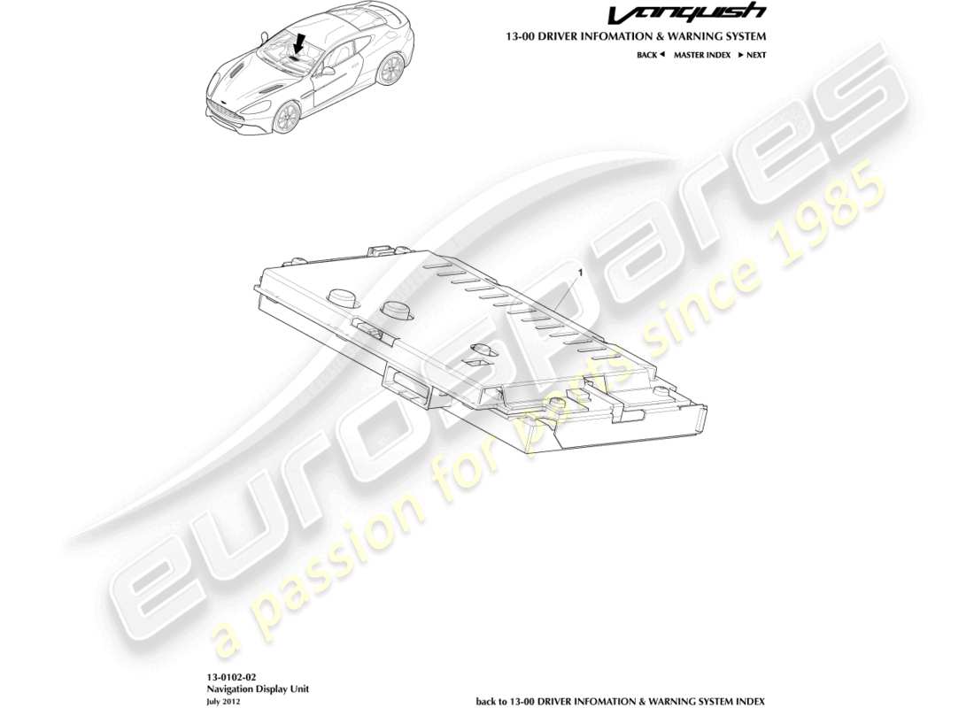 aston martin vanquish (2017) diagrama de piezas de la pantalla del navegador por satélite