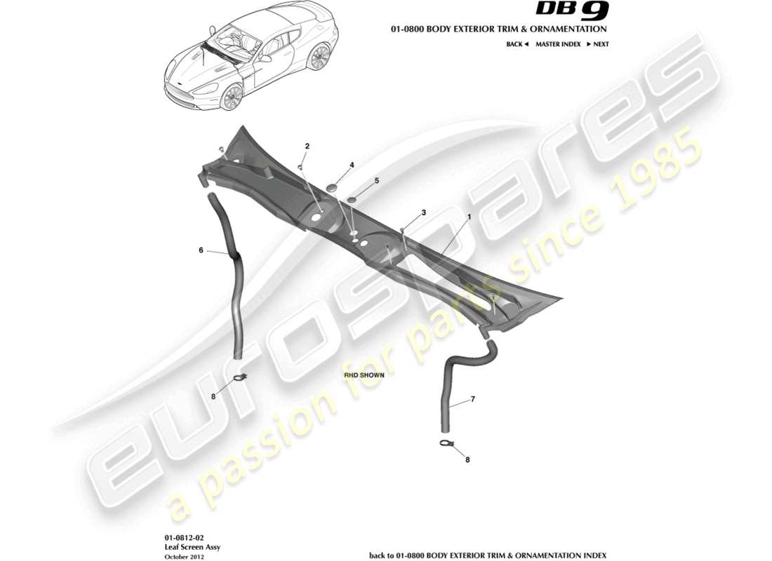 aston martin db9 (2013) diagrama de piezas del conjunto de malla de hoja