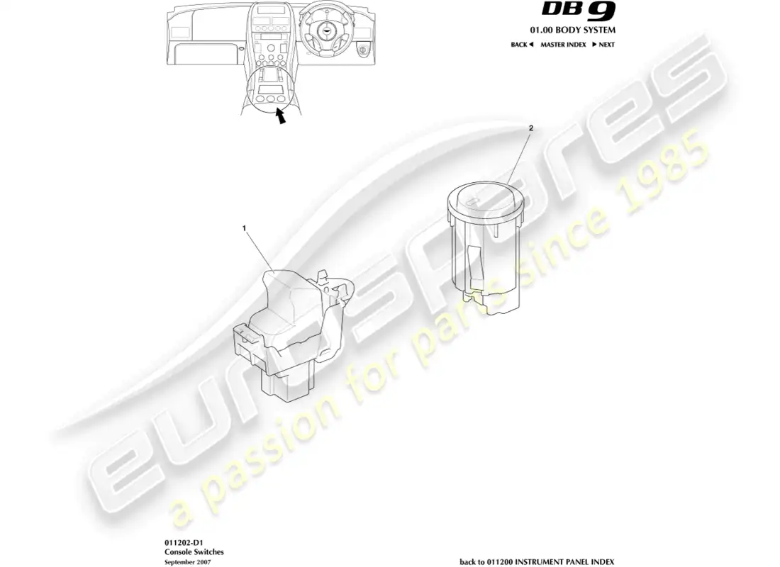 aston martin db9 (2006) conmutadores de consola diagrama de piezas