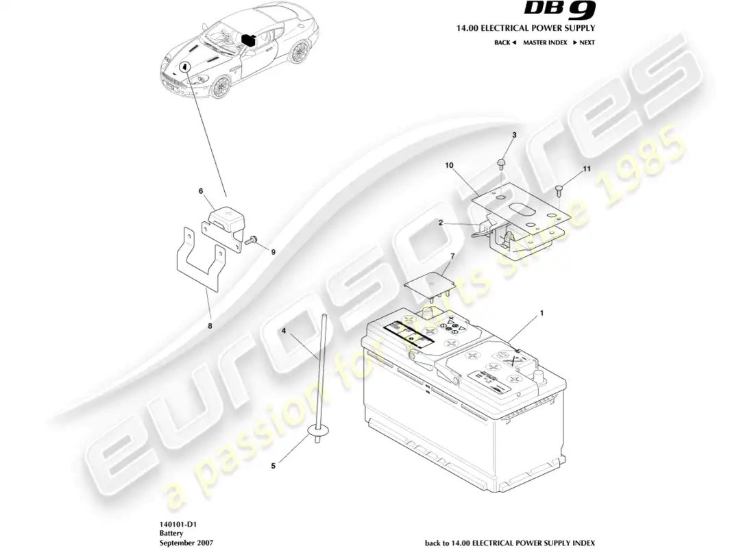aston martin db9 (2004) batería diagrama de piezas