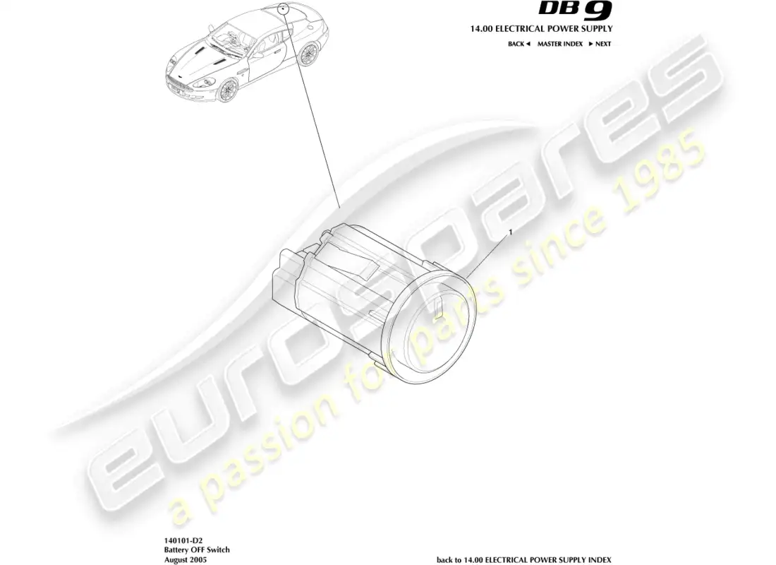 aston martin db9 (2004) interruptor de apagado de batería diagrama de piezas
