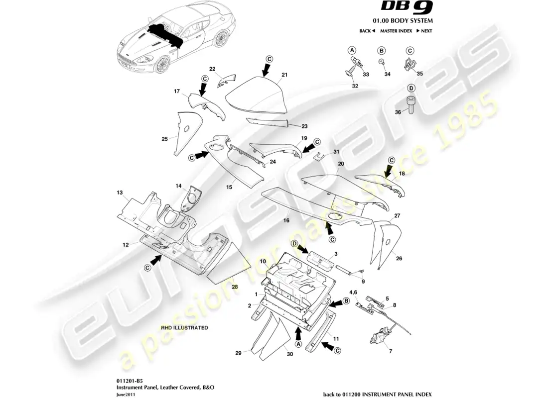 aston martin db9 (2004) panel de instrumentos, cuero, b&o diagrama de piezas