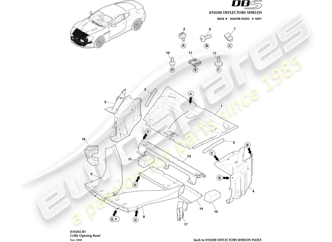 aston martin dbs (2013) panel de apertura de rejilla diagrama de piezas