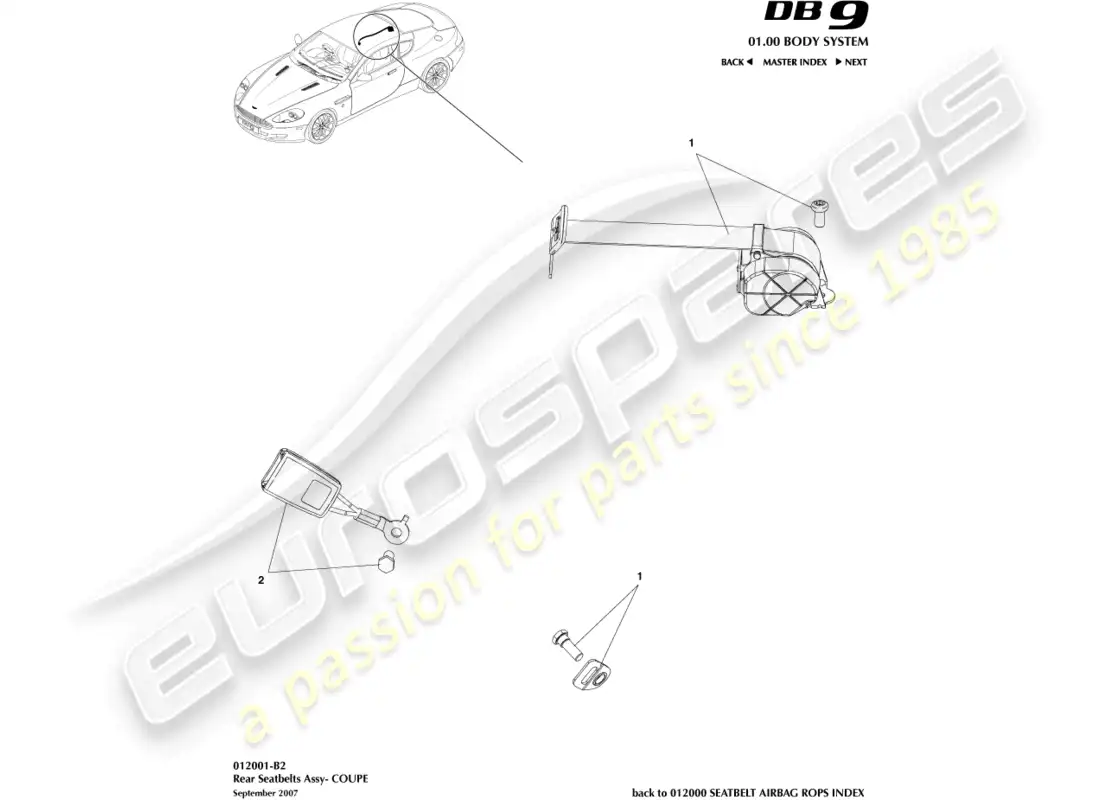 aston martin db9 (2006) cinturones de seguridad traseros, coupé diagrama de piezas