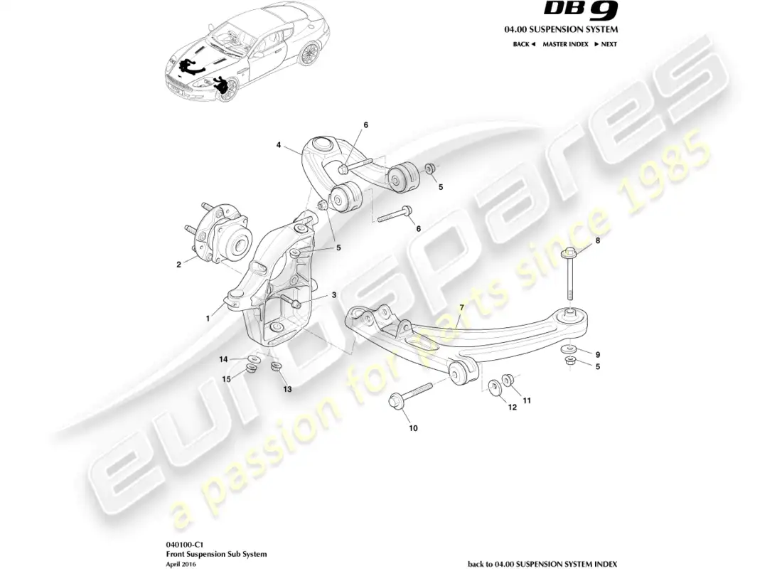 aston martin db9 (2004) diagrama de piezas del conjunto de suspensión delantera