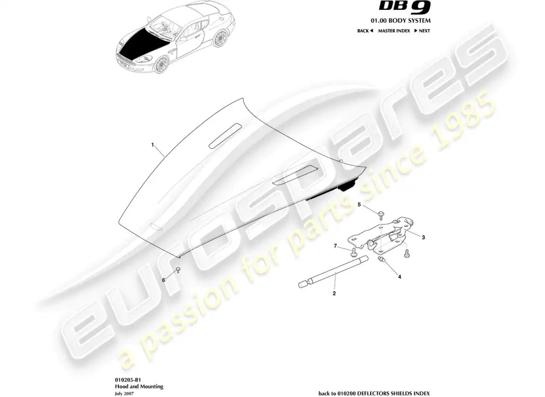 aston martin db9 (2004) capó y montaje diagrama de piezas