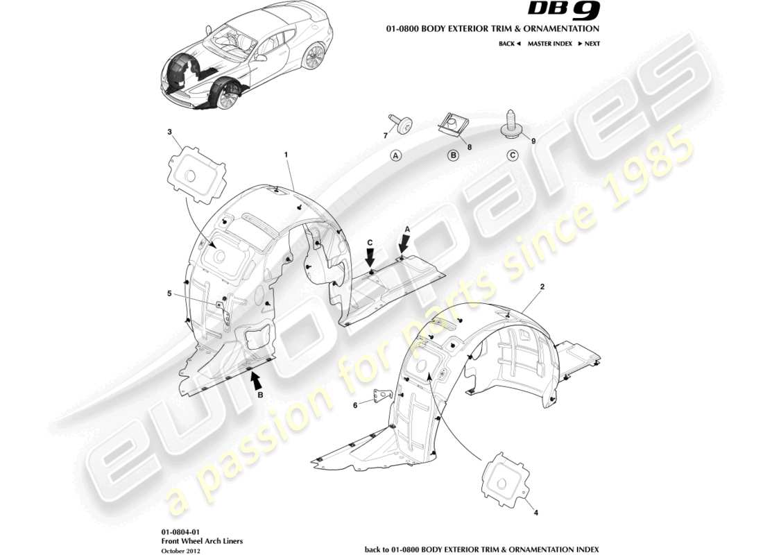 aston martin db9 (2013) diagrama de piezas de los revestimientos de los pasos de rueda delanteros