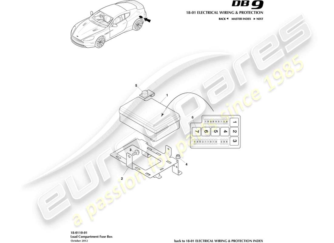 aston martin db9 (2016) diagrama de piezas de la caja de fusibles del compartimento de carga