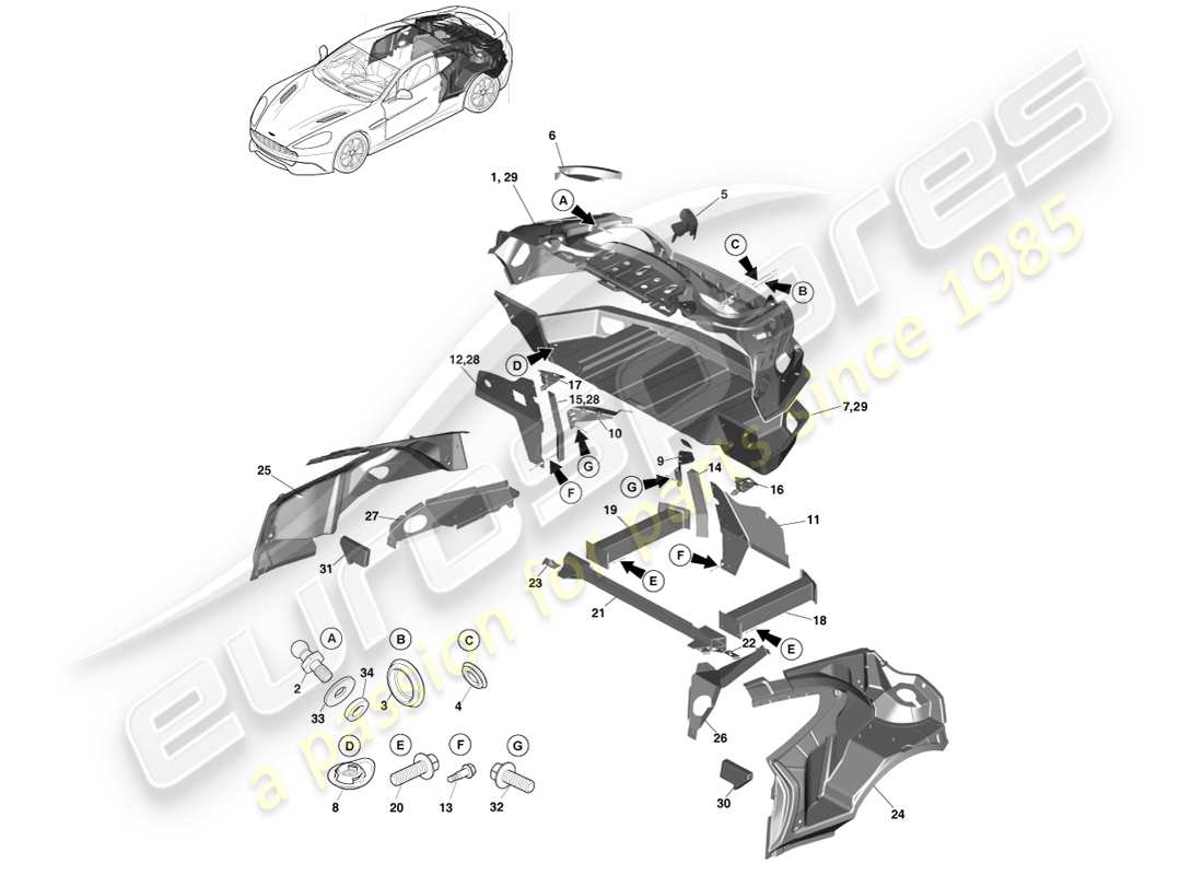 aston martin vanquish (2014) parte trasera de la carrocería, diagrama de piezas del cupé