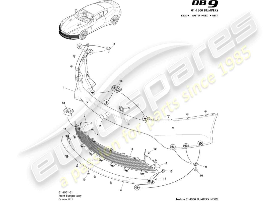 aston martin db9 (2016) diagrama de piezas del parachoques delantero